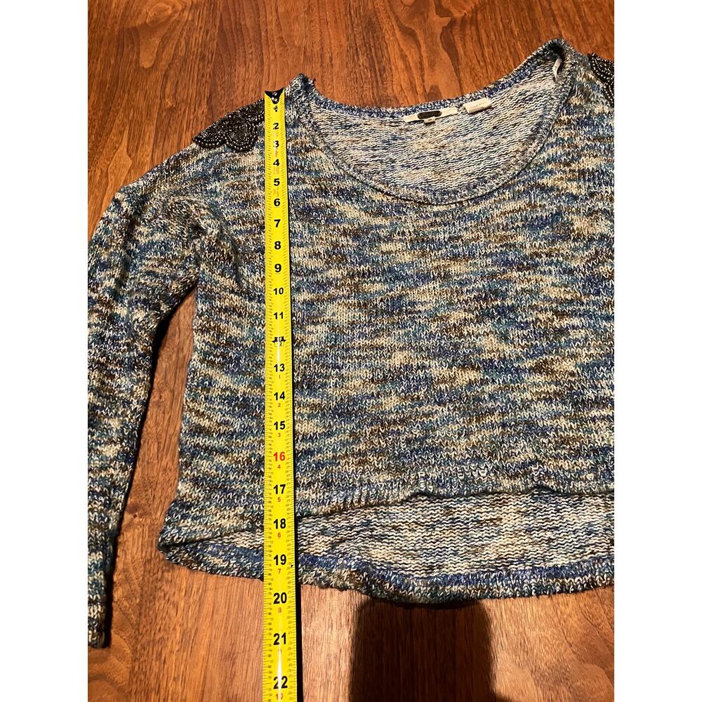 Miss Me Cropped Knit Sweater Blue Gray Long Sleeve Size S Beaded - Picture 8 of 8